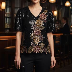 Vintage Stenay Black Sequin Floral Black Silk Top Blouse Size M